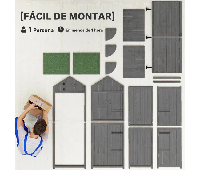 Outsunny Armario de Jardín de Madera 77x54,2x179 cm 0,3 m² Cobertizo para Almacenaje de Herramientas con 3 Estantes y 2 Pu...