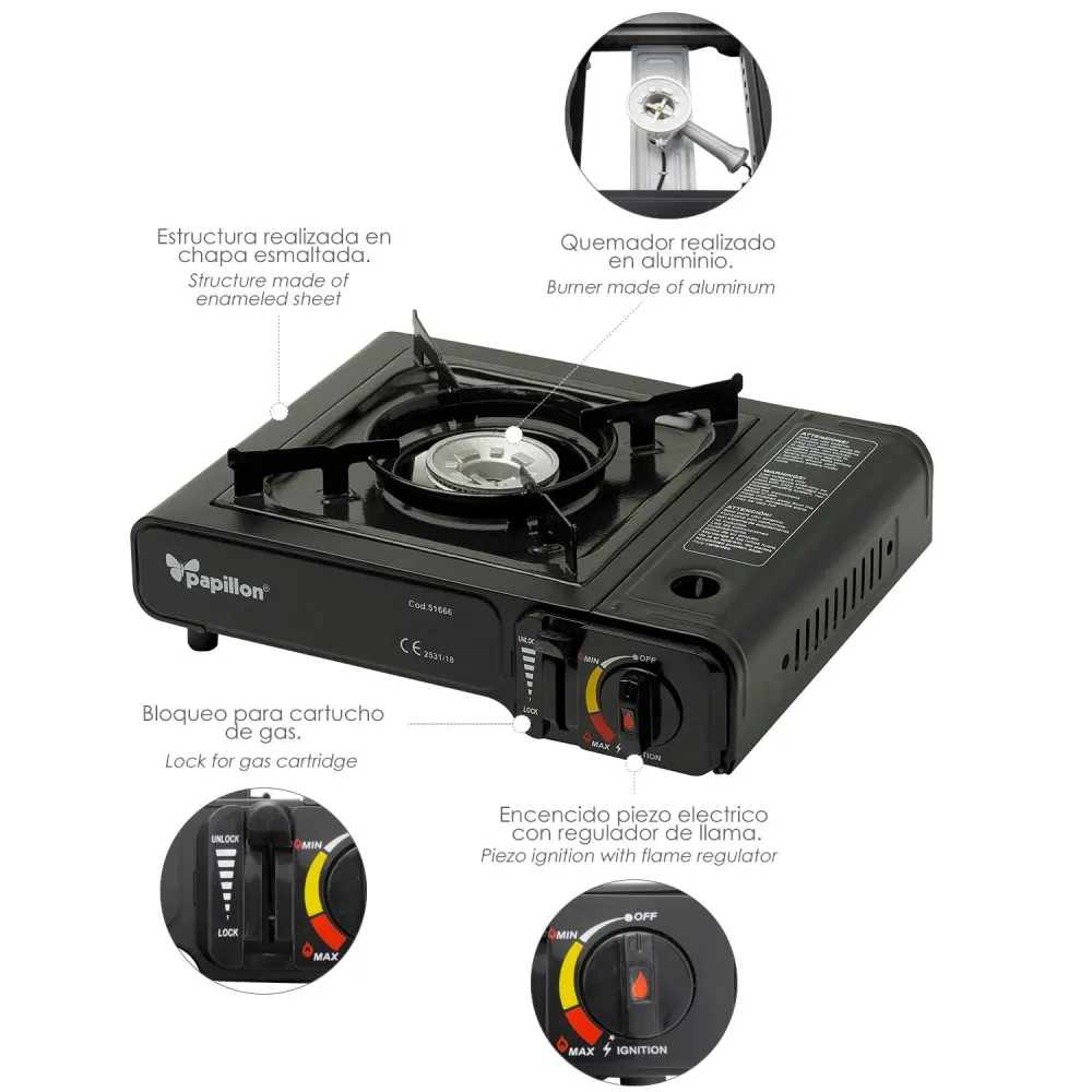 Acero Inoxidable Cocina Gas Papillon Cartucho con Maletin