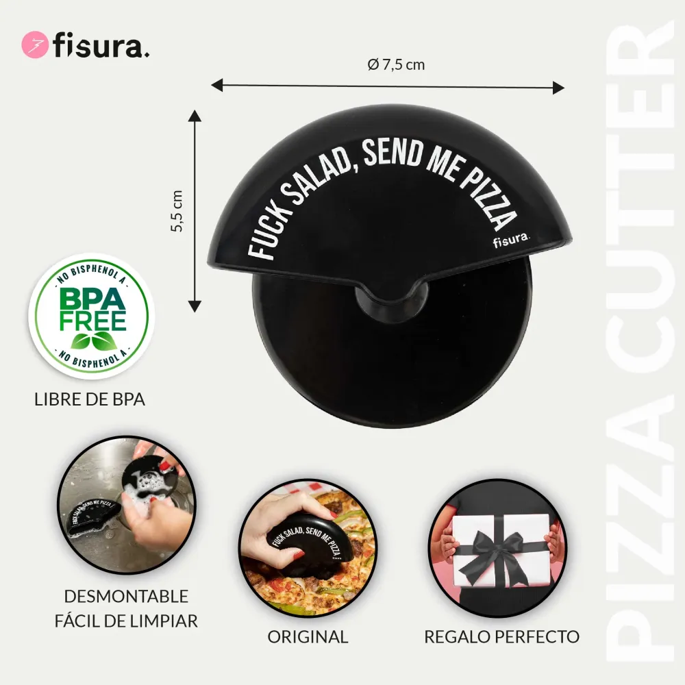 Corta pizza “Fuck salad, send me pizza" con Pinzas y Espátula