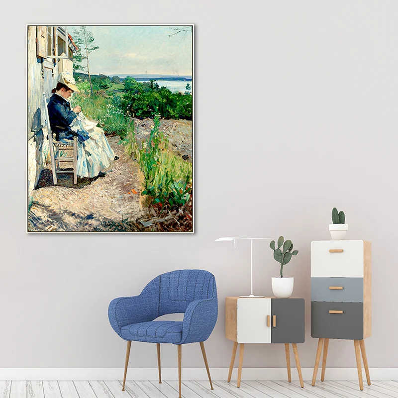Mujer cosiendo en el patio lienzo arte de la pared pintura verde de la granja para la sala de estar Fácil de Limpiar Verde
