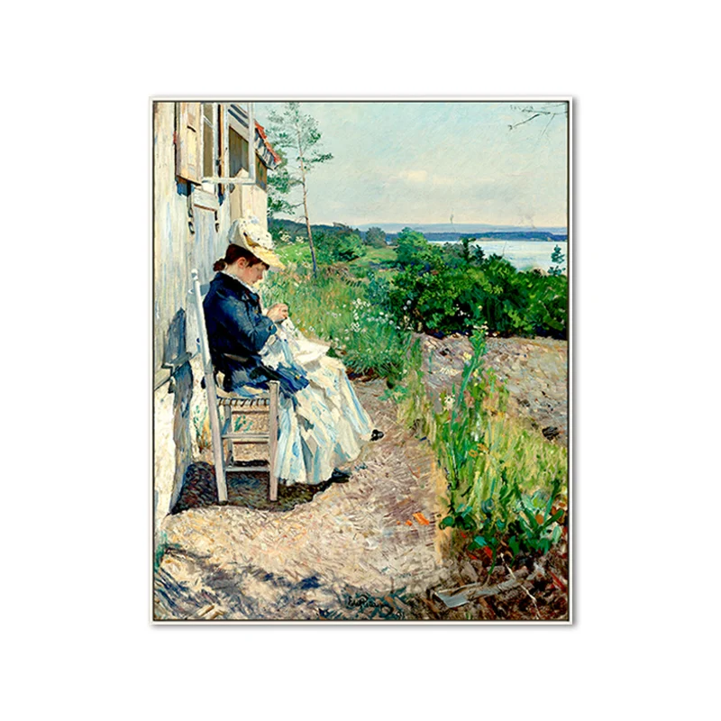Mujer cosiendo en el patio lienzo arte de la pared pintura verde de la granja para la sala de estar Fácil de Limpiar Verde