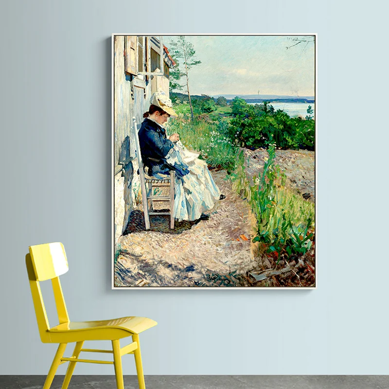 Mujer cosiendo en el patio lienzo arte de la pared pintura verde de la granja para la sala de estar Fácil de Limpiar Verde