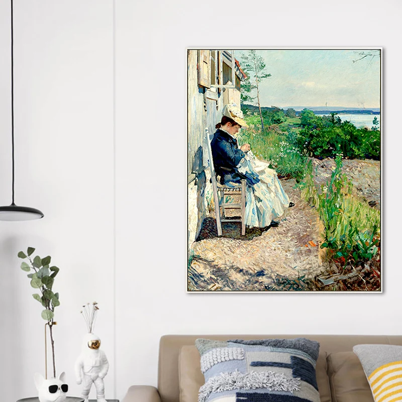 Mujer cosiendo en el patio lienzo arte de la pared pintura verde de la granja para la sala de estar Fácil de Limpiar Verde
