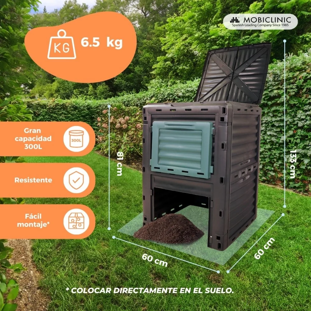 Compostador | Transformador de residuos | Para jardín | Sin herramientas | Ecológico | 300 litros | BioBin | Mobiclinic