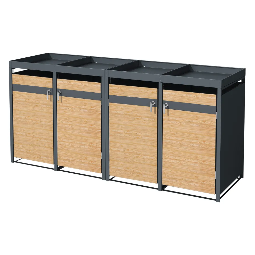 Cobertizo exterior con techo de plantación para 4 cubos de basura, 240l con Compostaje Rápido
