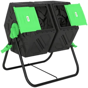 Outsunny Compostador Giratorio de 130L Contenedor de Compostaje de Jardín de Doble Cámara Compostadora con Aberturas de Ve...