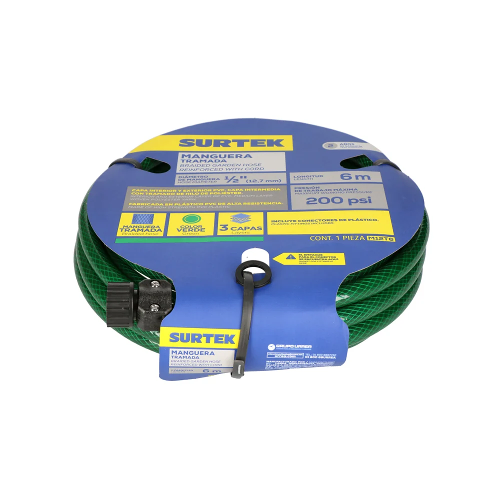 Alta Presión Manguera para jardín tramada verde con conector plástico 1/2", 6 m Surtek