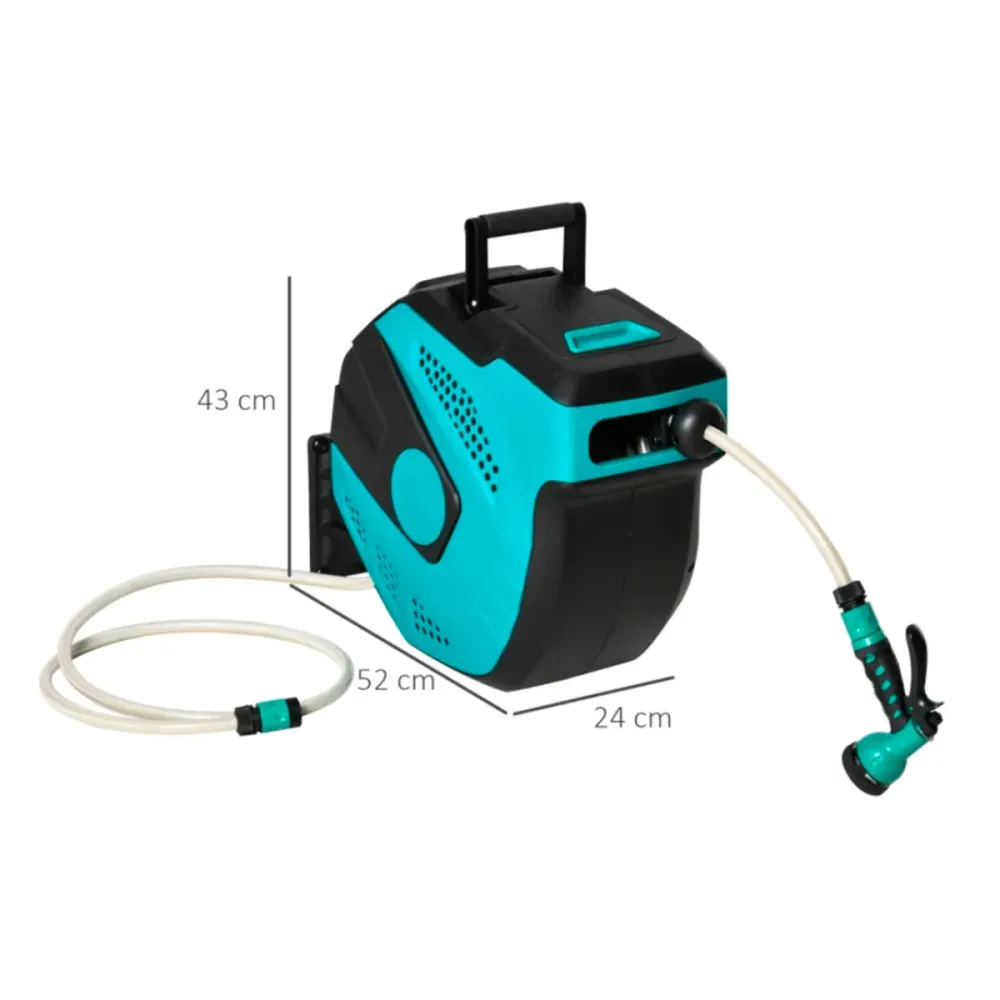 Carrete de manguera Outsunny automático 180º 7 modos 20 m + 1,96 m negro/turquesa 43x24x52 cm