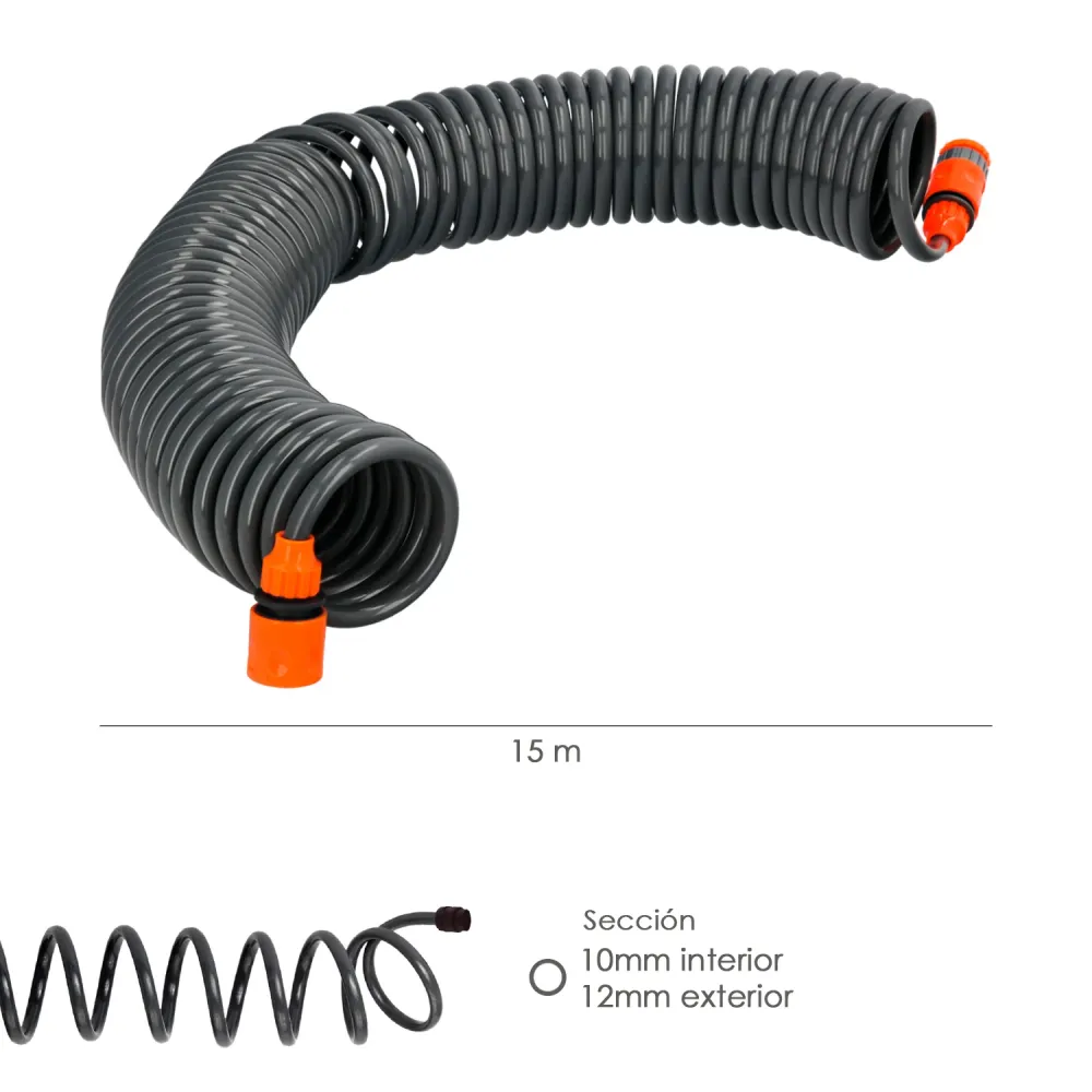 Manguera Extensible Espiral Autoenroscable Para Riego Jardin Con Conectores 15 Metros - 1/2" de Entrada
