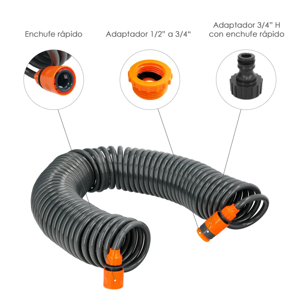 Manguera Extensible Espiral Autoenroscable Para Riego Jardin Con Conectores 15 Metros - 1/2" de Entrada