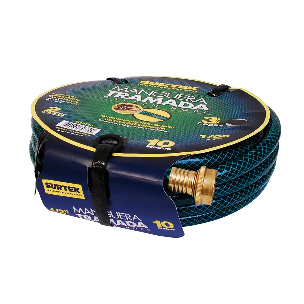 Manguera para jardín tramada verde con conector metálico 1/2", 25 m Surtek con Tecnologí de Ahorro