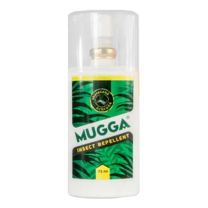 Mugga Repelente de Insectos en Spray 75ml Anti Mosquitos Moscas Garrapatas 9,5% DEET Niños para Uso en Pavimentos