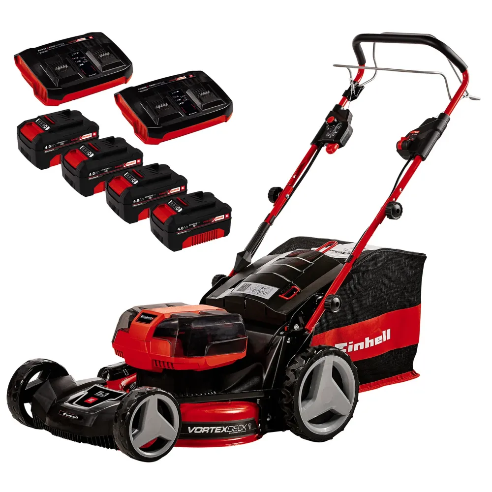 Kit de cortacésped con baterí de litio GE-CM 36/47 HW Li, cuatro baterías de 4,0 Ah, motor brushless y tracción Einhell Mo...