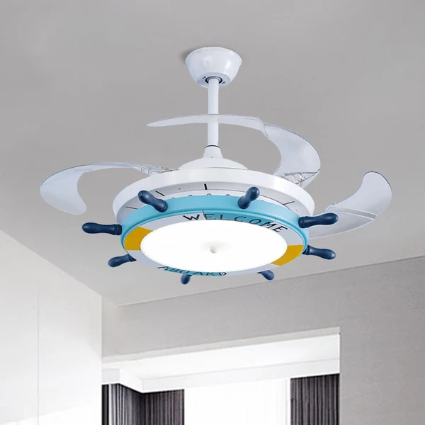 Lámpara semi empotrada con timón de madera de 24,5 "de ancho, iluminación LED colgante azul/azul nítido con 3 aspas transp...