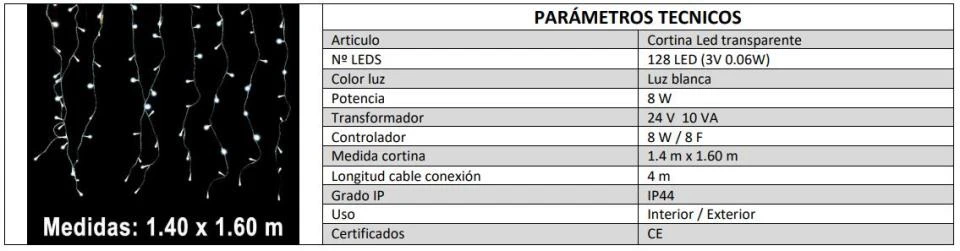 CORTINA LED CON EFECTOS BLANCO 1,4 x 1,6m EXTERIOR con Cuerdas de Ajuste