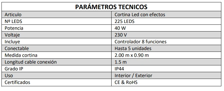 Panel de Lona CORTINA LED CON EFECTOS 3000K 2x0,9m EXTERIOR