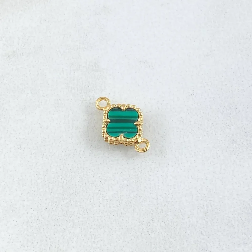 Herraje Trebol 0.65gr / 1.3cm-Bordeado Malaquita Verde Oro Amarillo Nac.Esp. 18K con Funda Protectora Incluida