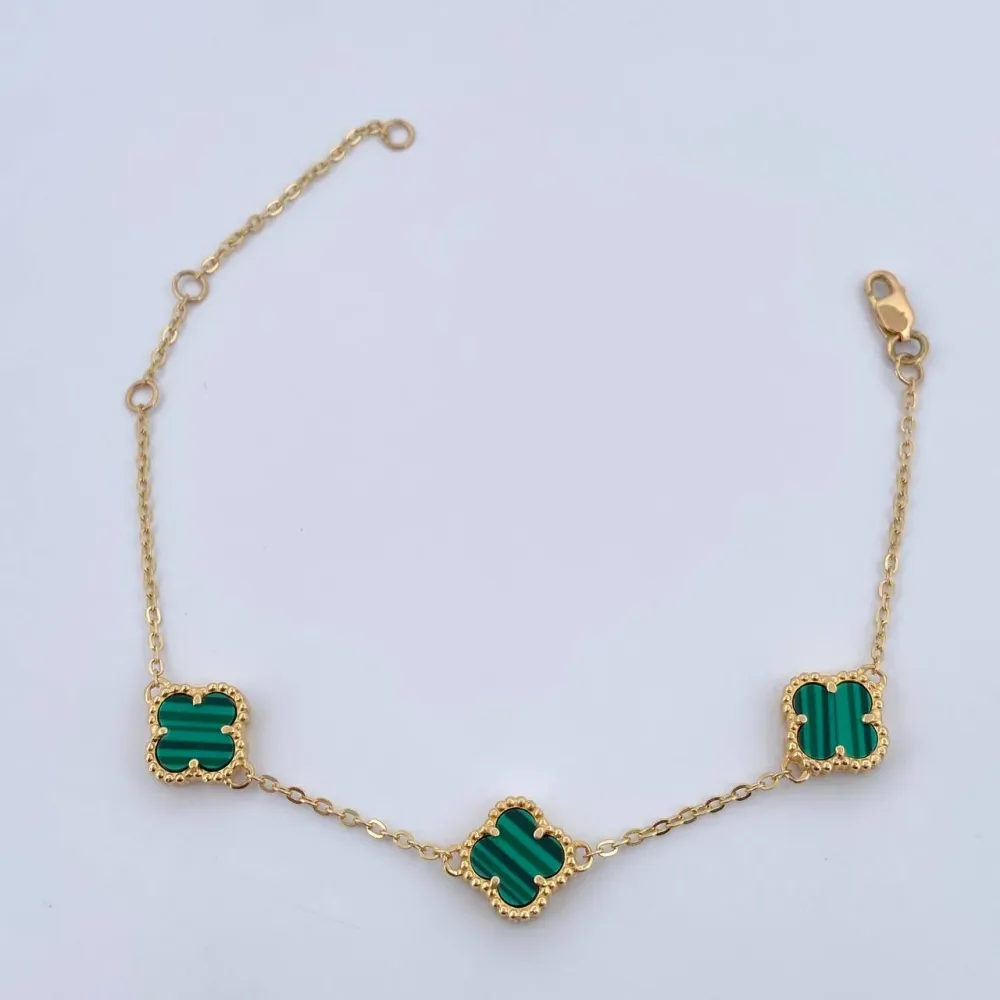 Pulso Aro Seguido Trebol Gradual 4.25gr / 17cm-18.7cm / 1.5mm Malaquita Verde Oro Amarillo Nac.Esp. 18K $ | Garantí Incluida