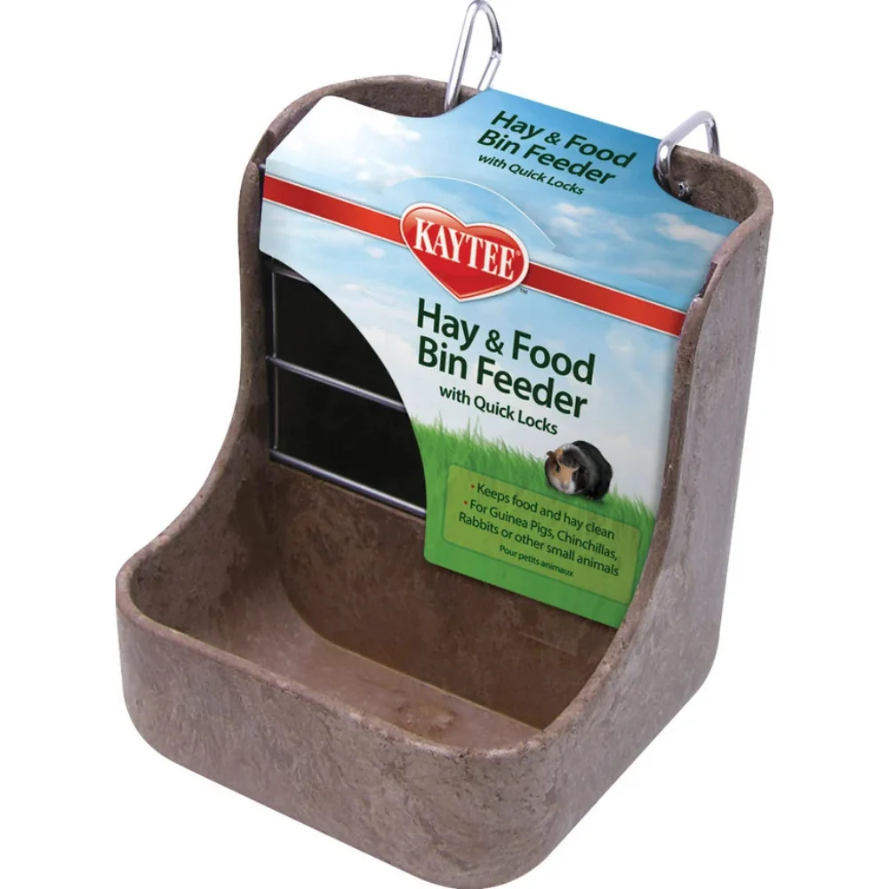 Kaytee Hay-N-Food Bin Feeder Hanging Hooks Small Animals, Dual Hay and Food Compartments, 5.75 x 5.75 x 7