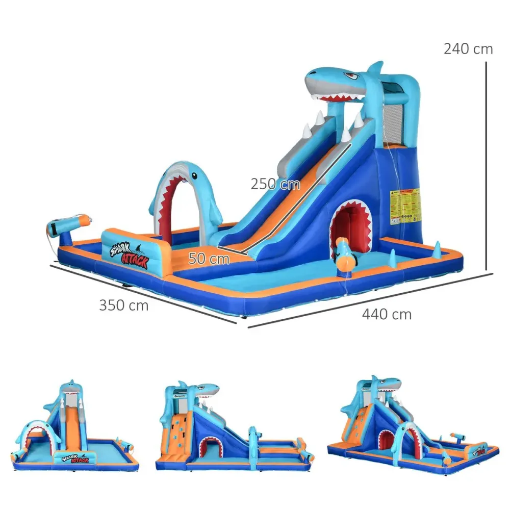 Castillo inflable Shark Outsunny piscina + muro de escalada + cañón de agua colorido 240x350x440 cm