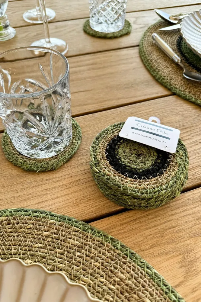 Conjunto de 6 bases para copos de ervas marinhas bege e verde