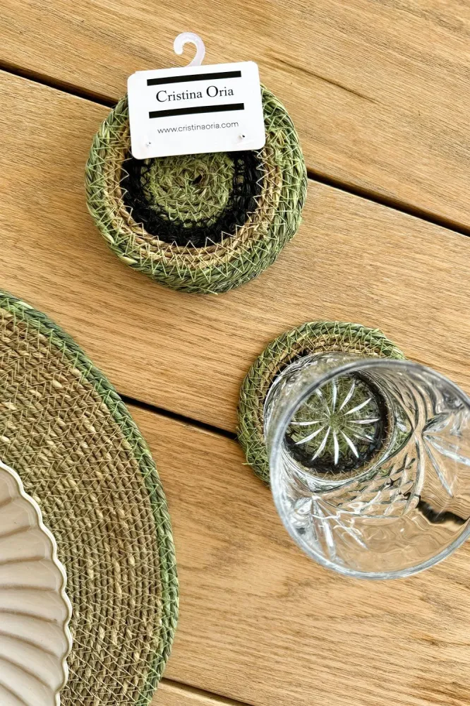 Conjunto de 6 bases para copos de ervas marinhas bege e verde