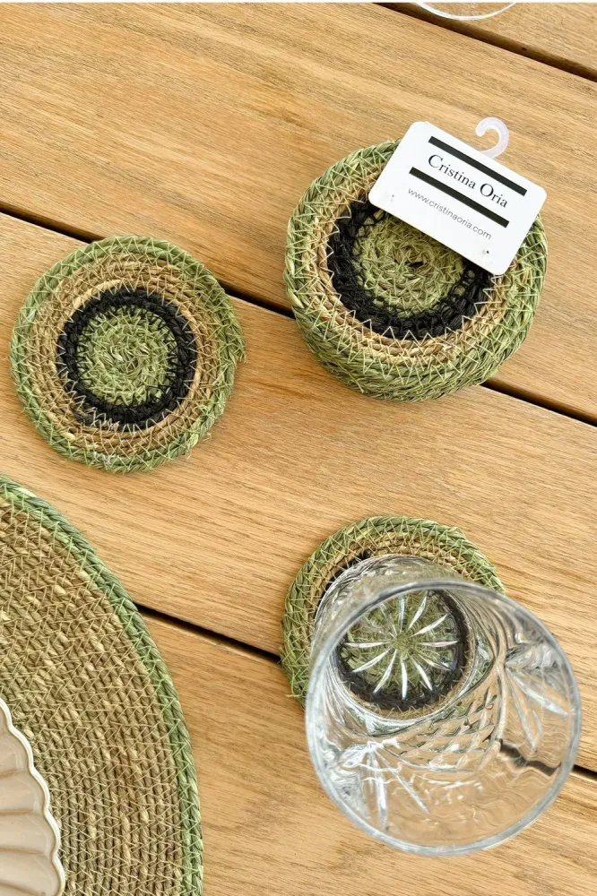 Conjunto de 6 bases para copos de ervas marinhas bege e verde