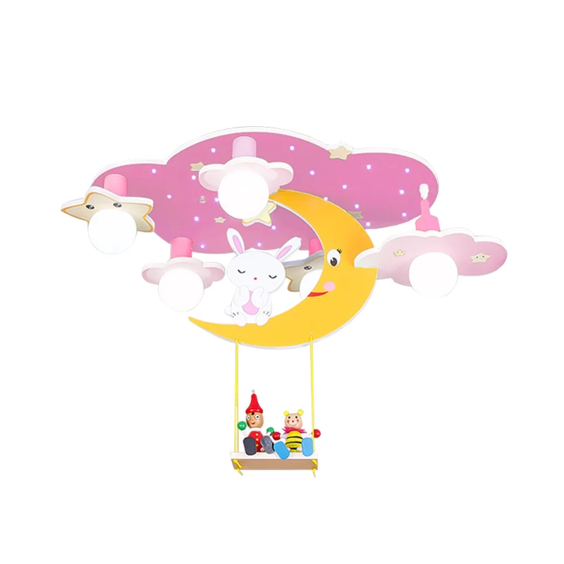 Lampada da semi-incasso legno cielo stellato Cartoon 5 teste Plafoniera da incasso rosa/blu e gialla con decorazione coniglio