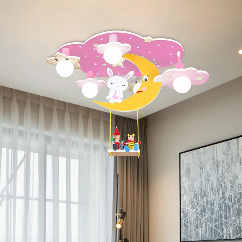 Lampada da semi-incasso legno cielo stellato Cartoon 5 teste Plafoniera da incasso rosa/blu e gialla con decorazione coniglio