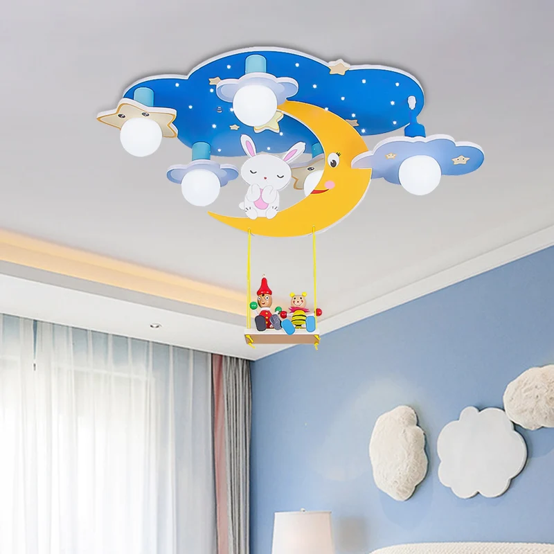 Lampada da semi-incasso legno cielo stellato Cartoon 5 teste Plafoniera da incasso rosa/blu e gialla con decorazione coniglio