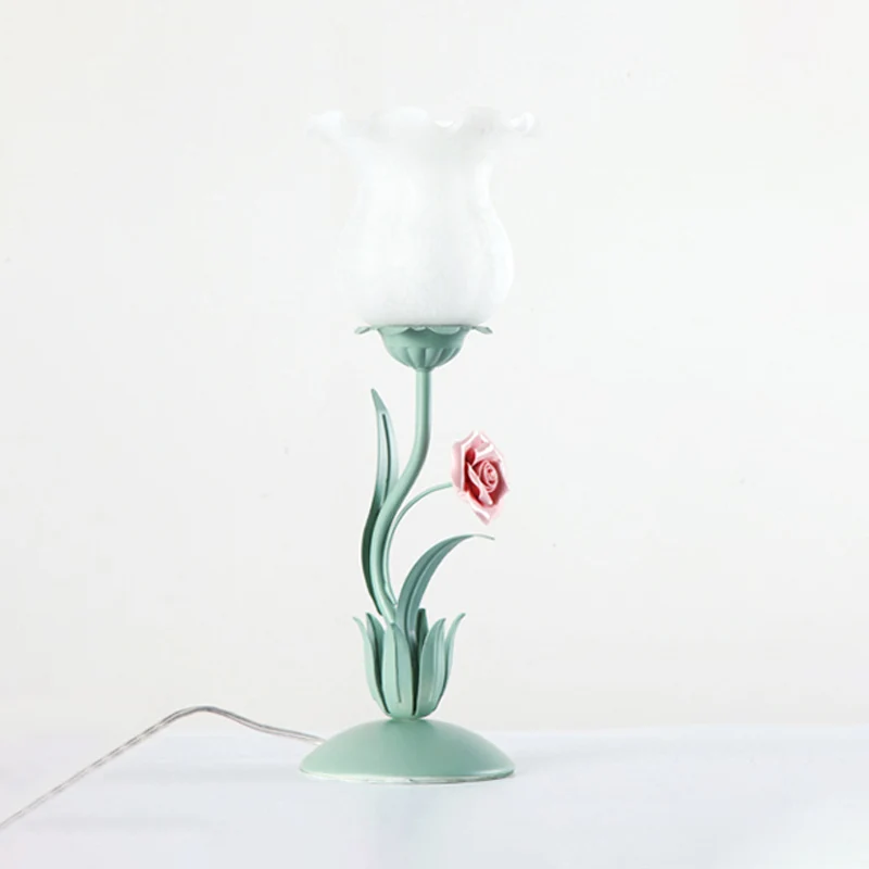 Lampe de table de chevet à fleurs Beige/blanc/vert, jardin américain, verre laiteux givré, 1 tête, lampe de Table de salon
