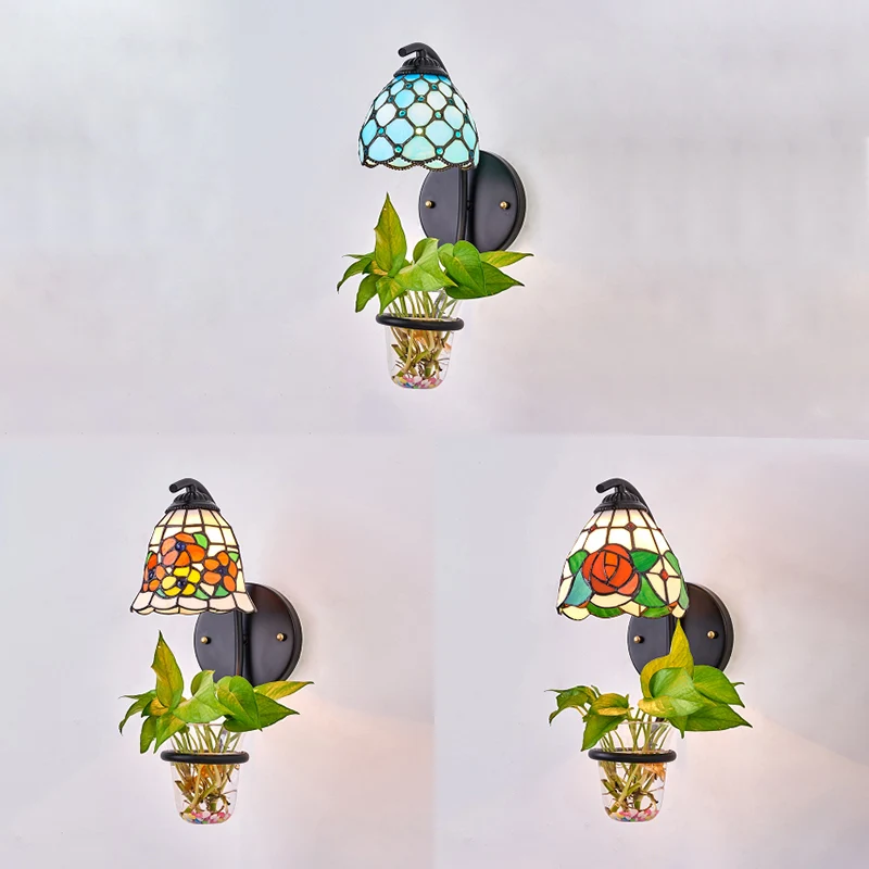 Lichtkoepel Lichtarmatuur Tiffany Veelkleurig Glas--lood 1 Kop Rood/Oranje-Geel/Blauw Wandmontage Licht met Plant Decoratie