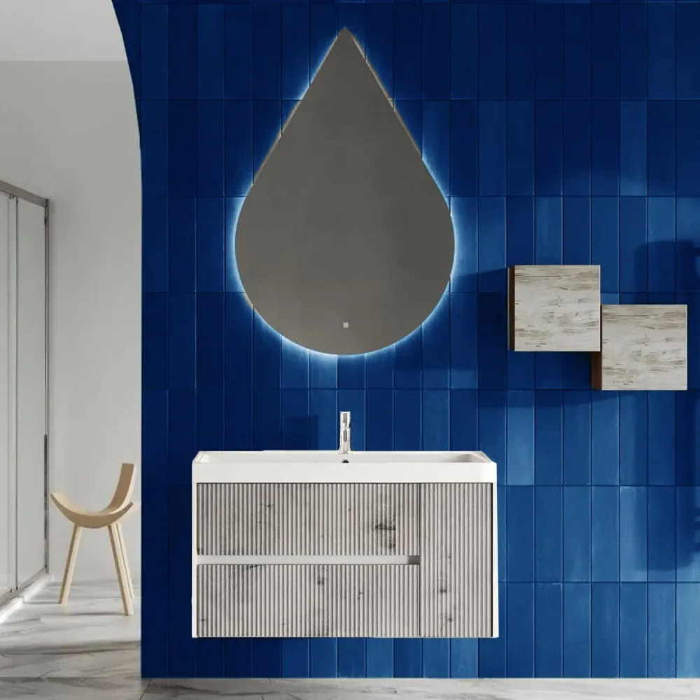 Mobile bagno sospeso cannettato con lavabo e specchio goccia cm 100 colore grigio antico - Cubi&Co Collezione Genuino