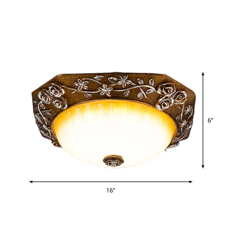 Plafonnier LED rond en verre cannelé laiteux pour salle à manger traditionnelle avec décor de fleurs sculptées en marron,...
