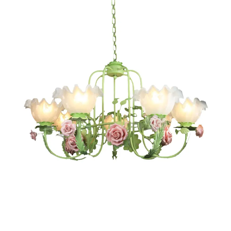 Plafonnier en verre opale blanc/vert, bras à col de cygne, 5/7 ampoules, lustre suspendu en forme de fleur coréenne pour c...