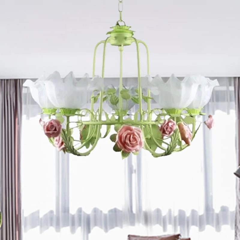 Plafonnier en verre opale blanc/vert, bras à col de cygne, 5/7 ampoules, lustre suspendu en forme de fleur coréenne pour c...