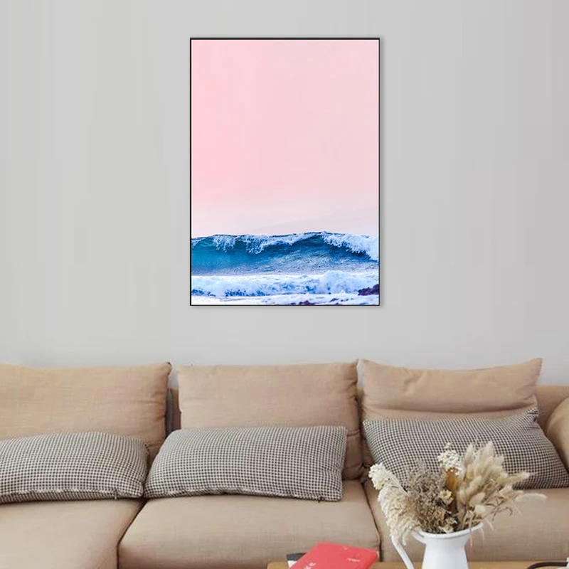 Tropix lona muurkunst roze en blauwe oceaanlandschap met zonsonderganggloed wanddecoratie