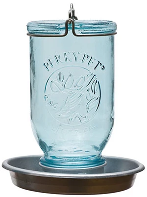 Bebedero para pájaros silvestres, tarro de cristal azul antiguo Perky-Pet