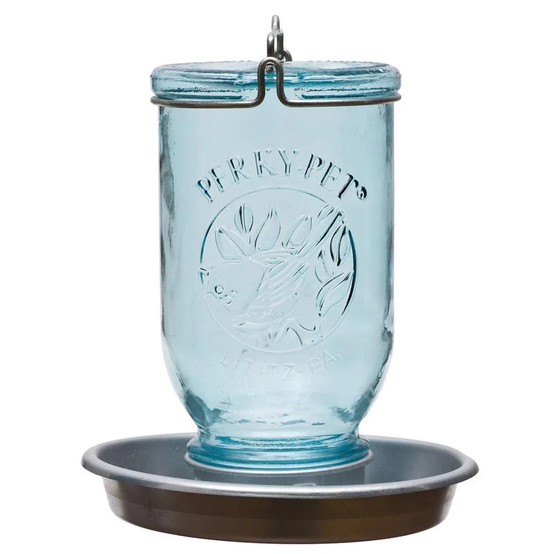 Bebedero para pájaros silvestres, tarro de cristal azul antiguo Perky-Pet