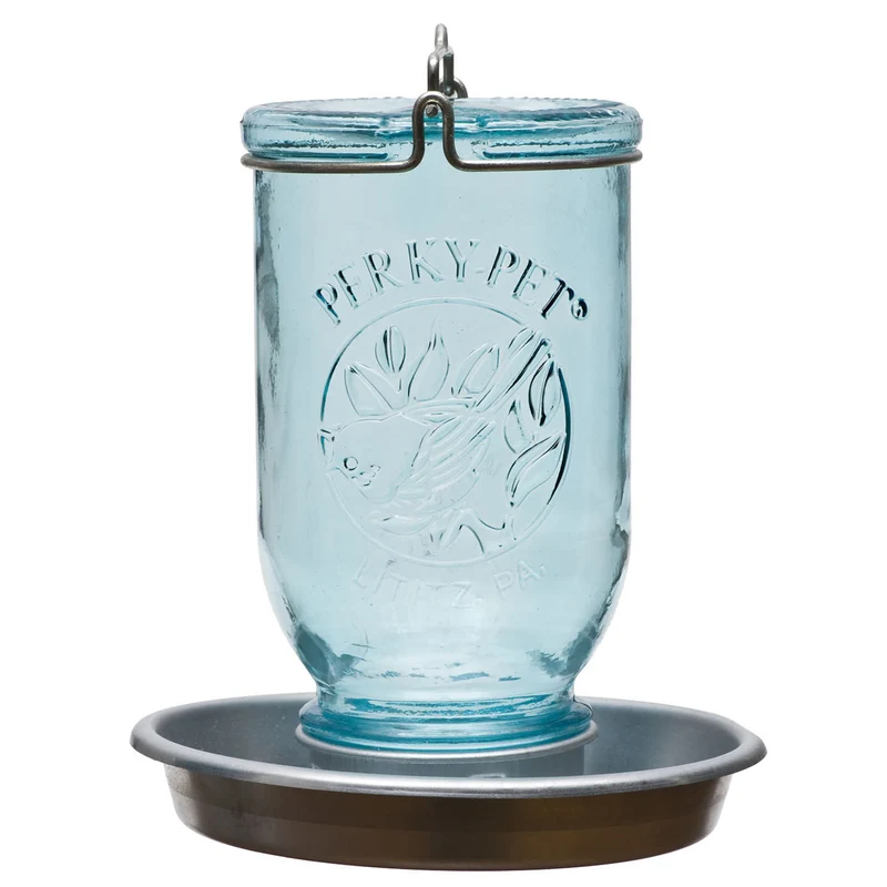 Bebedero para pájaros silvestres, tarro de cristal azul antiguo Perky-Pet