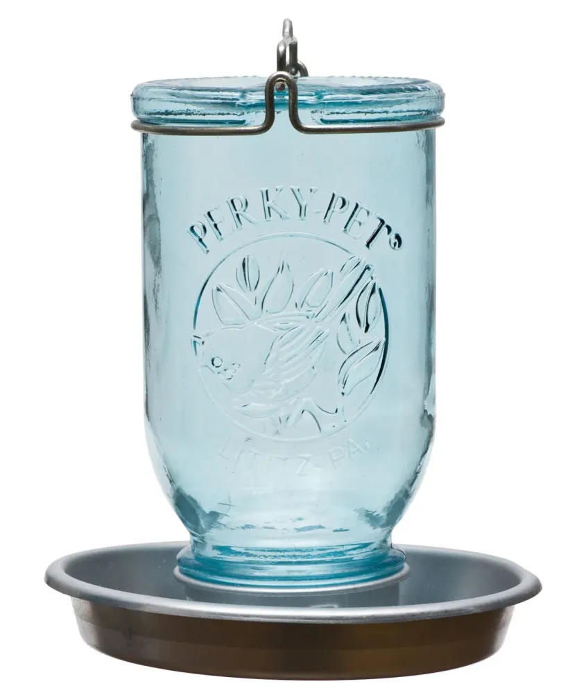 Bebedero para pájaros silvestres, tarro de cristal azul antiguo Perky-Pet