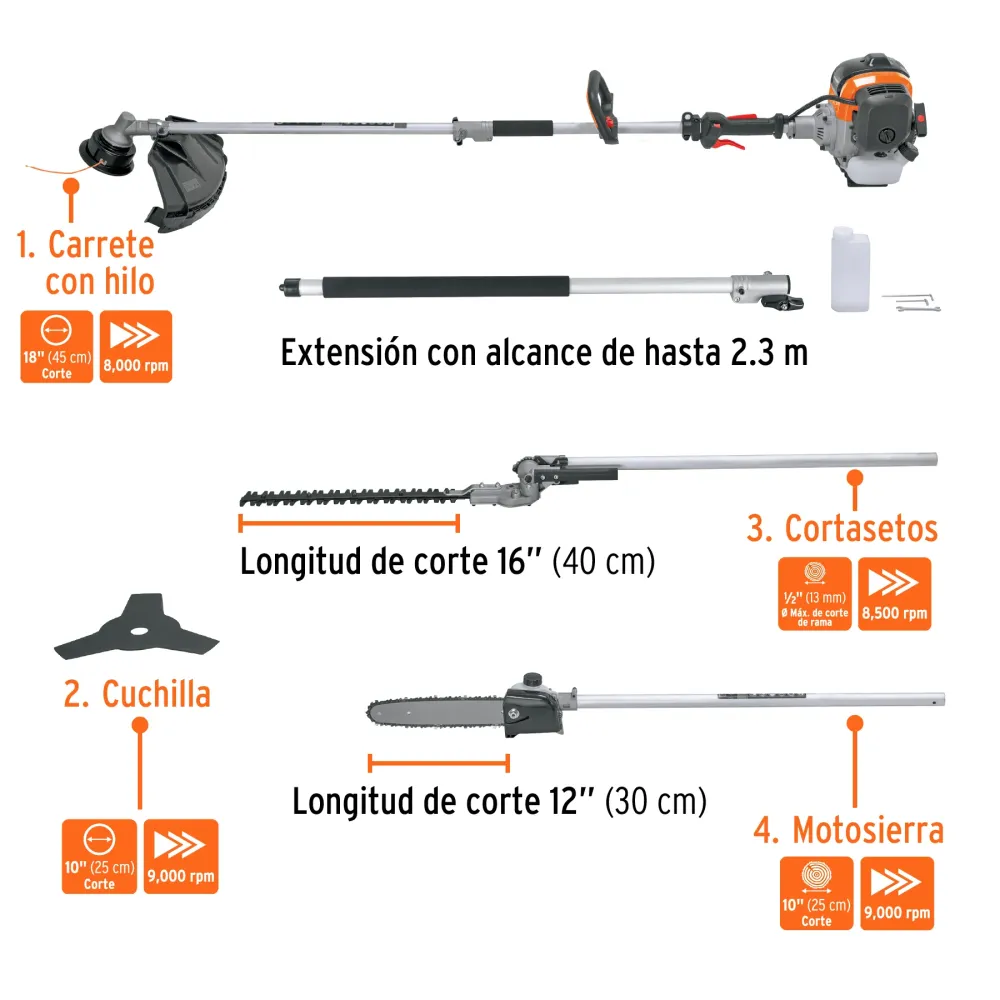 Desbrozadora multifuncional 4 en 1, gasolina 45 cc, Truper (Modelo DE500)
