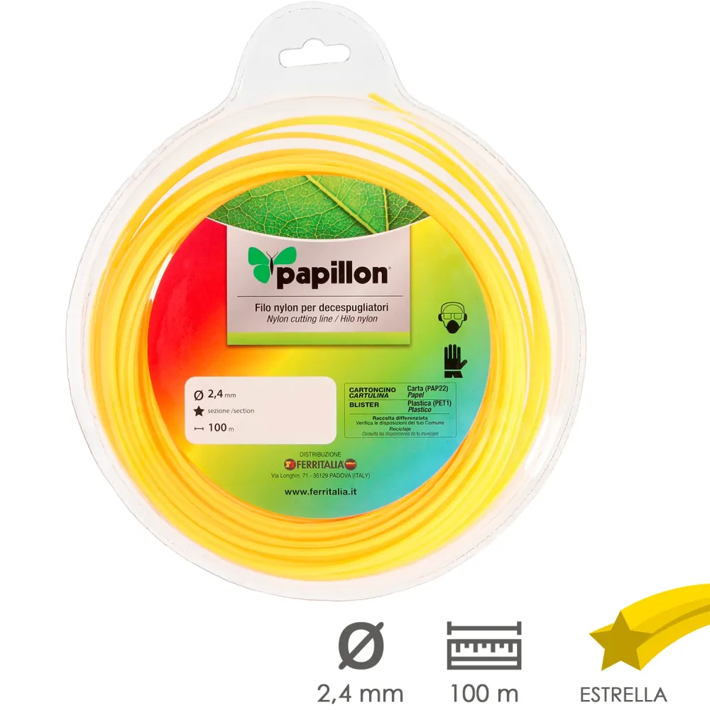 Hilo Nylon Desbrozadoras Estrella Ø 2,4 mm. Rollo 100 metros. Hilo Nailon Corte Desbrozadores Hierba, Jardin, Maleza con E...