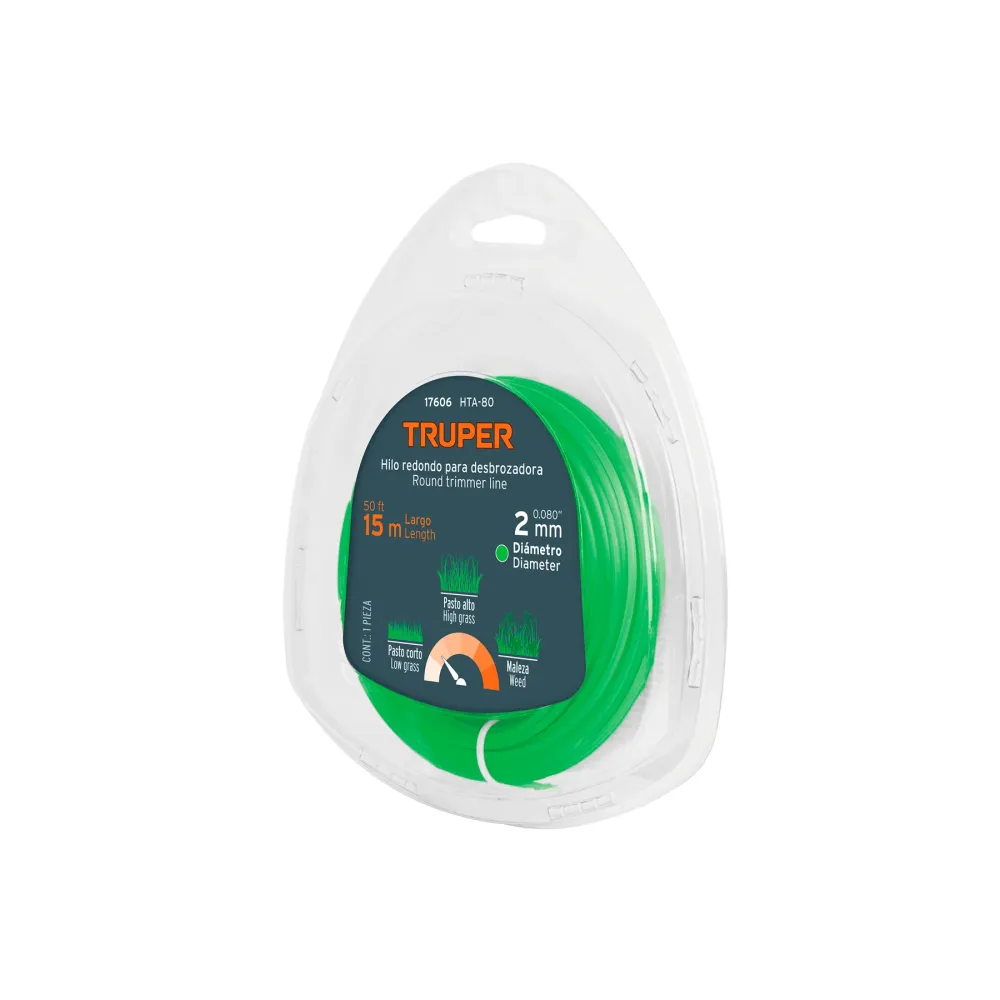 Hilo Redondo, Para Desbrozadora, 2mm x 15m, Blíster, Truper 17606 con Protector de Seguridad