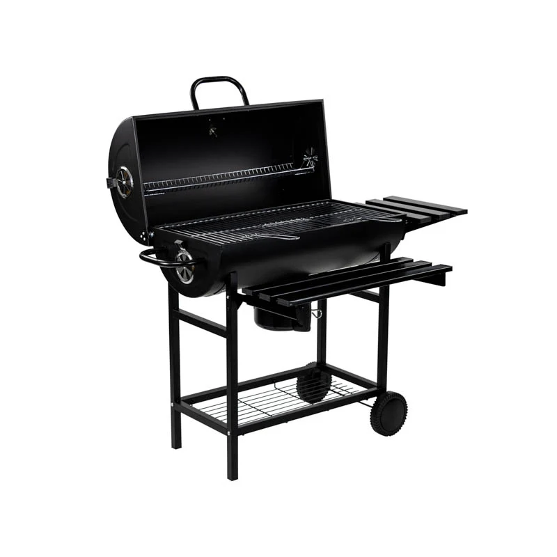 Asador de carbón tipo tambor con termómetro, bandeja de cenizas, mesa lateral y frontal en Caja de 4kg