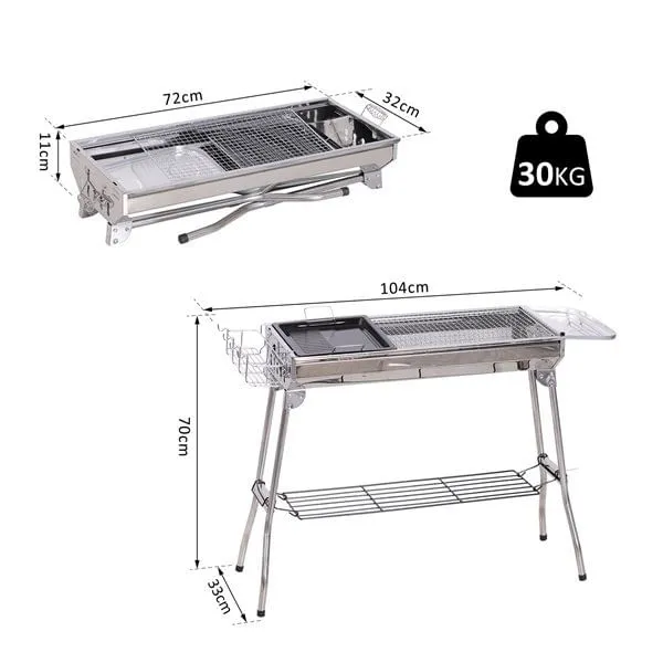 Barbacoa de carbón Outsunny plegable inox 70x104x33 cm sin Humo ni Olor