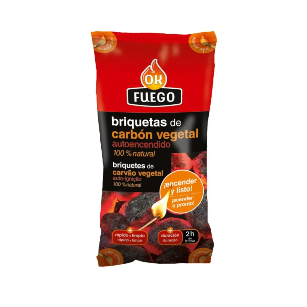 Briquetas de carbón vegetal autoencendido Okfuego 1,5 kg con Encendido Rápido