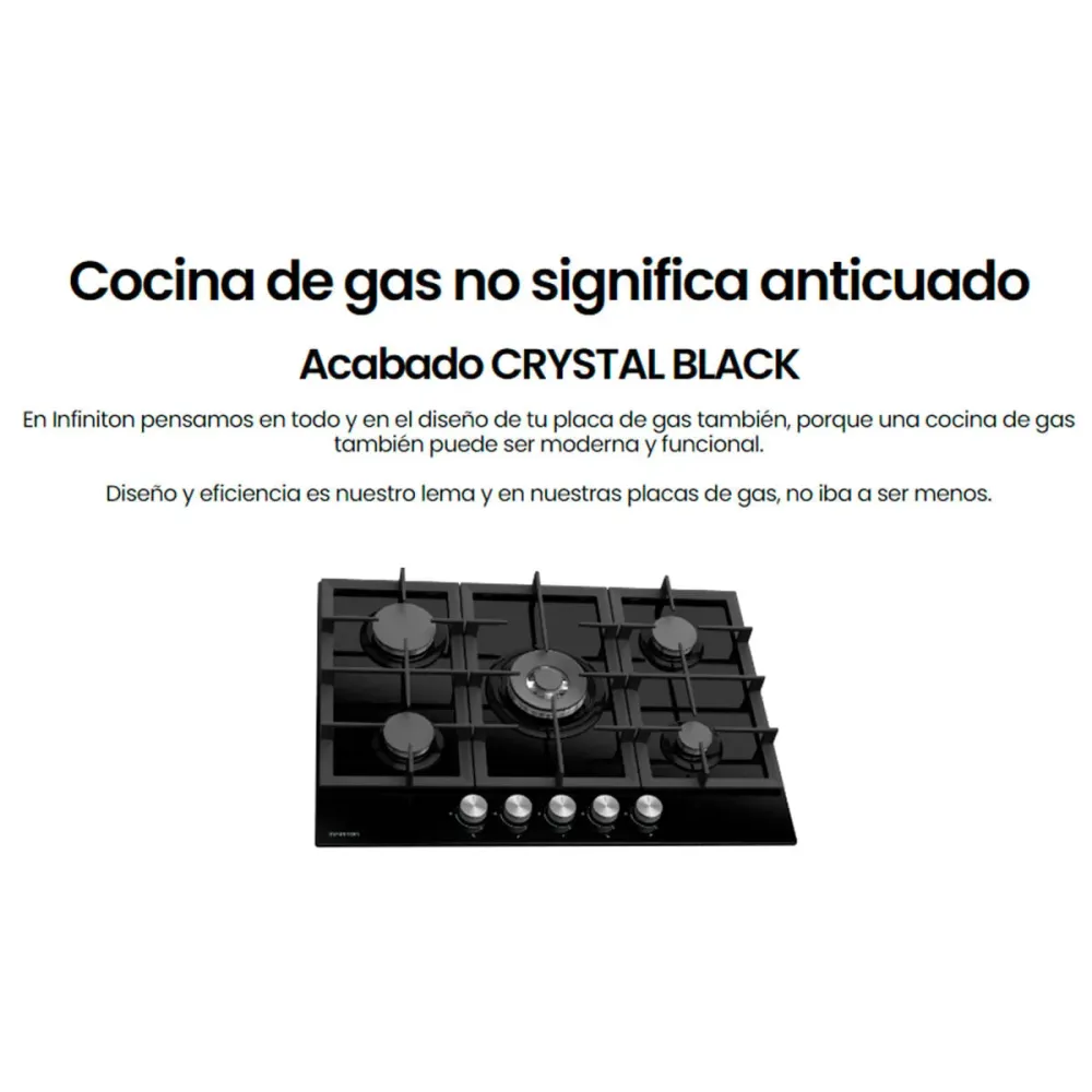 Encimera de gas Infiniton 78GLN52 5 fuegos 11700W encendido electrónico cristal negro 70 cm