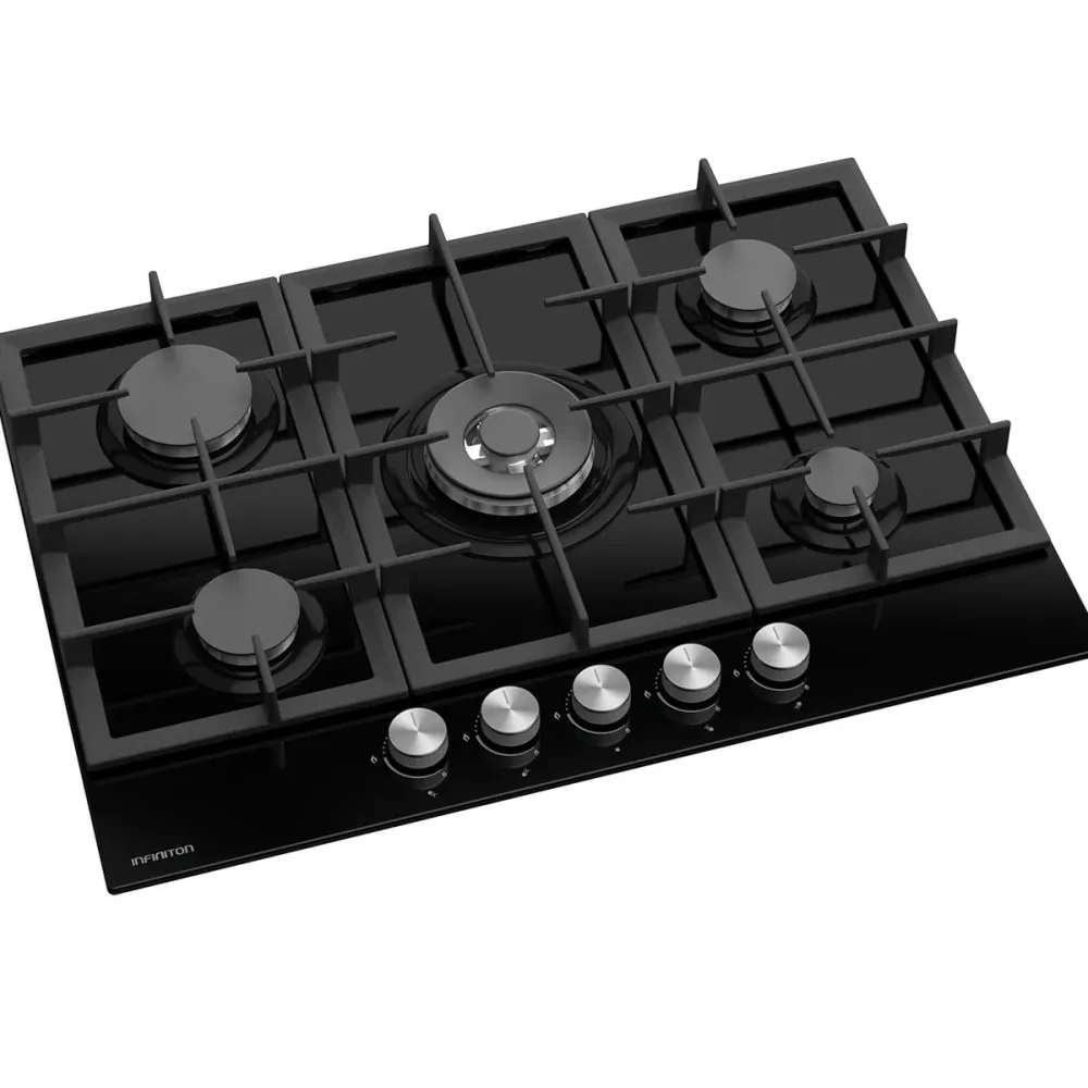 Encimera de gas Infiniton 78GLN52 5 fuegos 11700W encendido electrónico cristal negro 70 cm