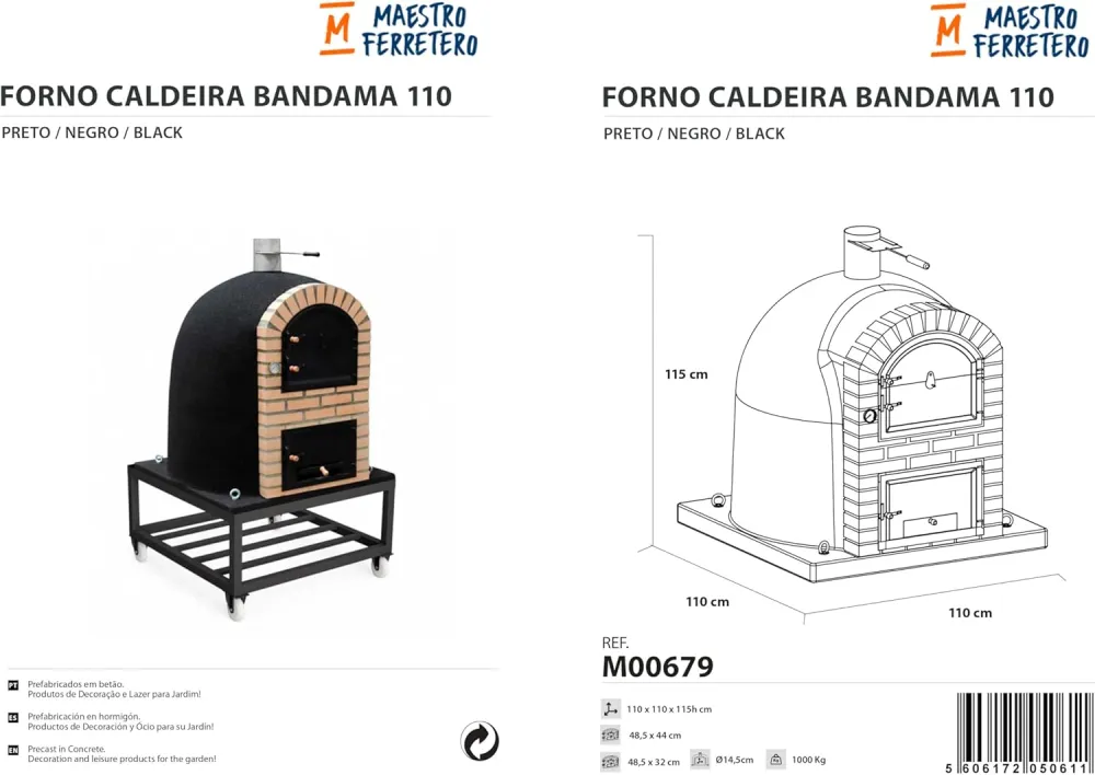Horno de leñ exterior de obra modelo caldera bandama negro - 110x110x201cm Recargable y Reutilizable